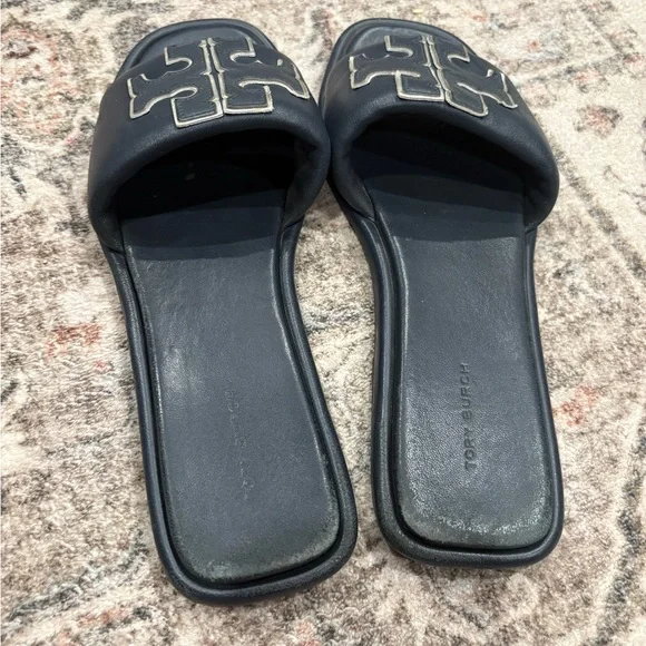 Tory Burch Black Slide Sandals with Silver Accent - Picture 2 of 4